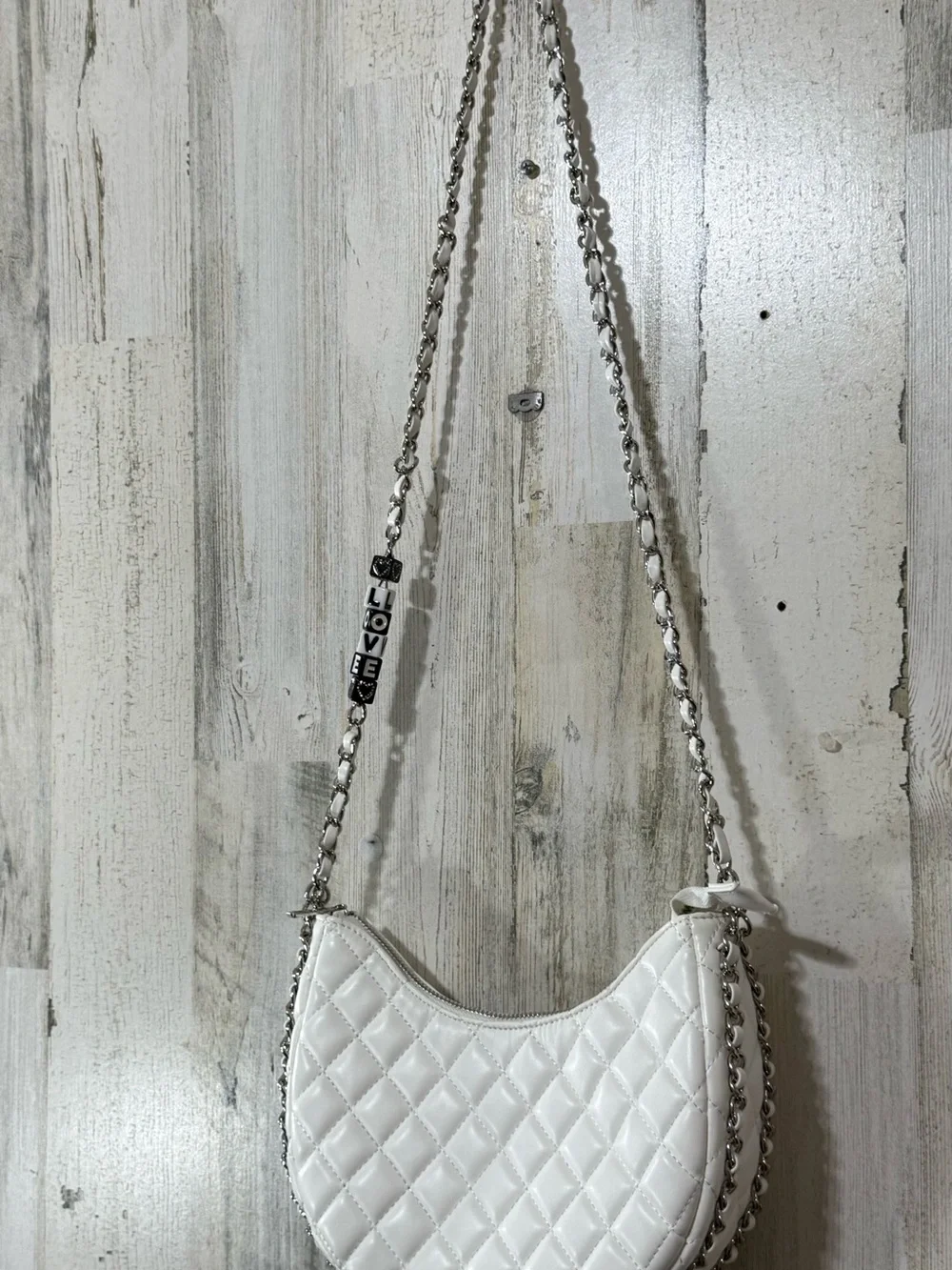 White Quilted Crossbody Bag with Chain Strap and Beaded 'LOVE' Accent